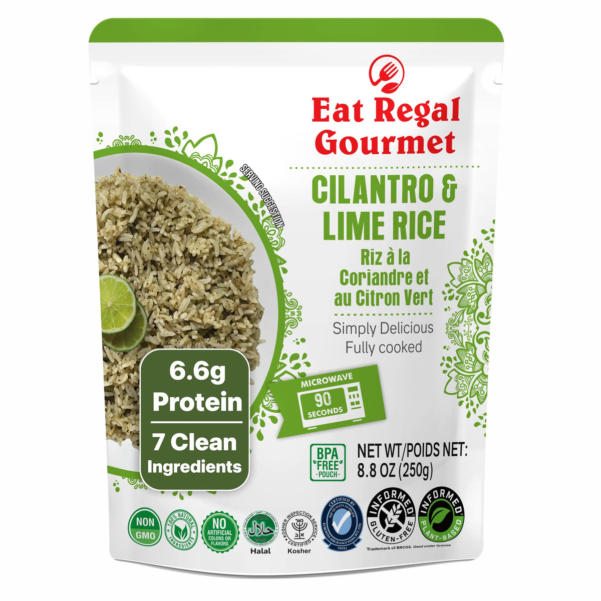 Eat Regal cilantro-lime rice pouch: fluffy texture ready in minutes for quick bowls.