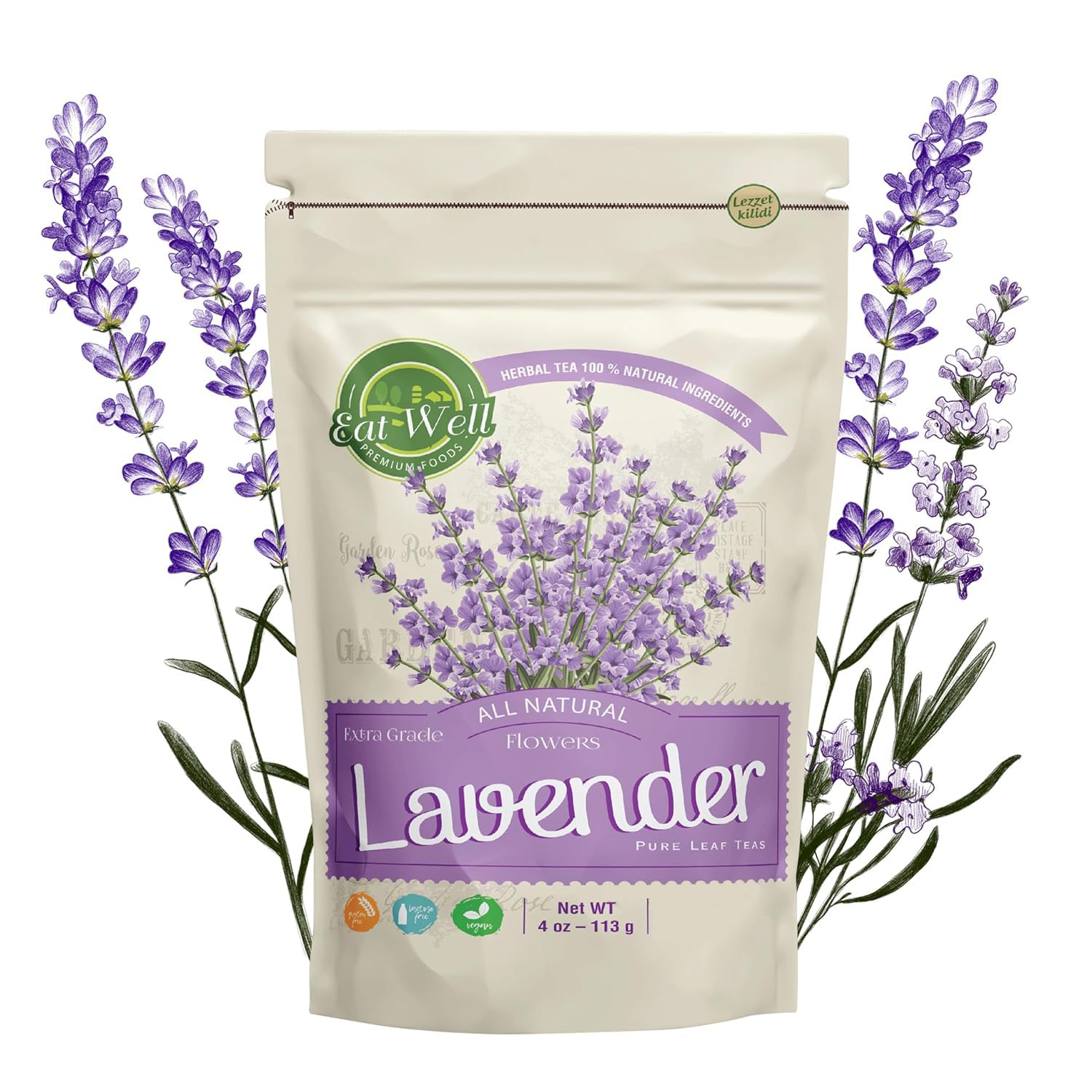 Eat Well Premium Foods dried lavender flowers in a bottle for culinary use and aroma.