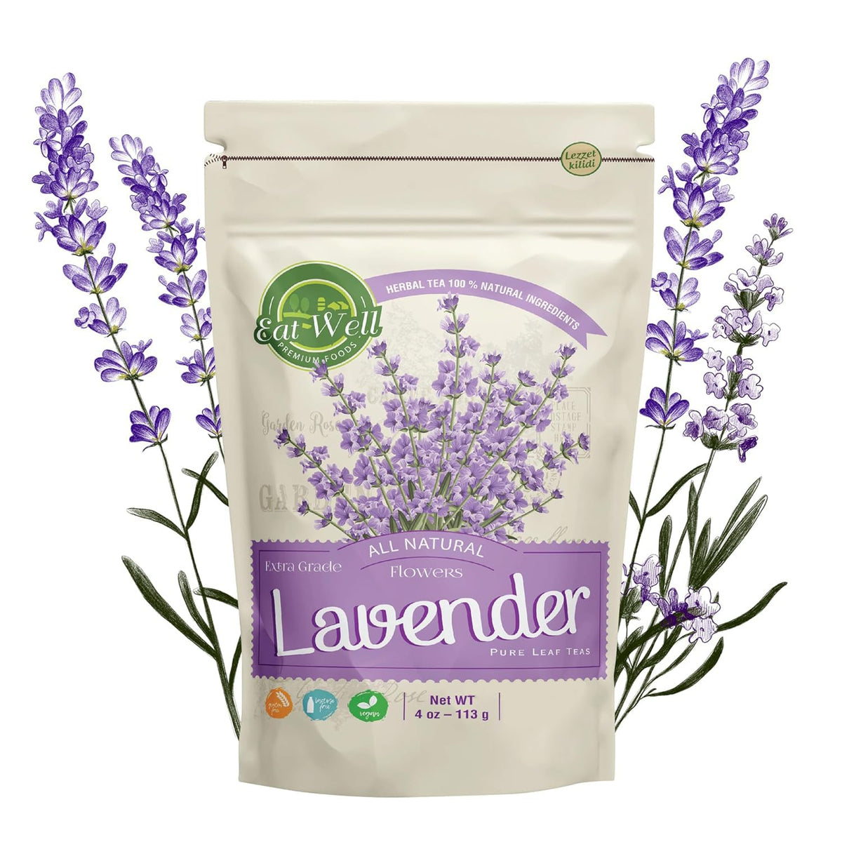 Eat Well Premium Foods dried lavender flowers in a bottle for culinary use and aroma.