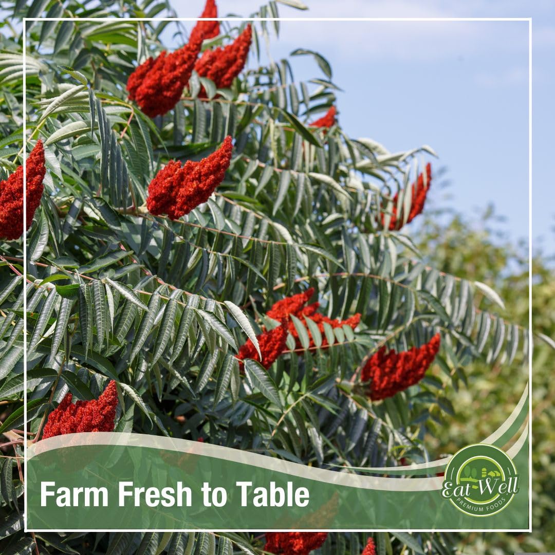 Eat Well sumac coarse powder foreground highlights pure natural ingredients.