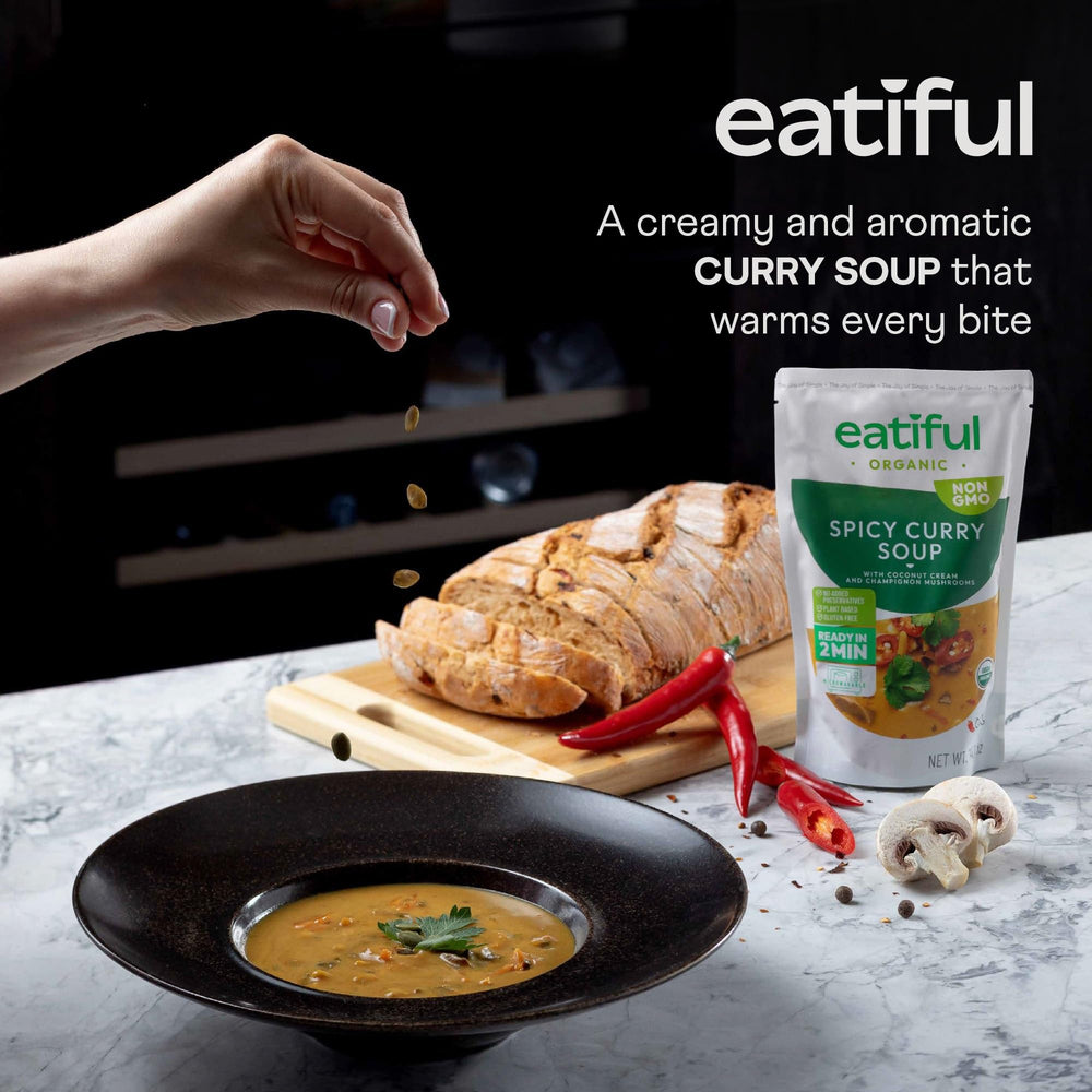 EATIFUL Curry Soup plate showing chickpeas and vegetables for a plant-based option