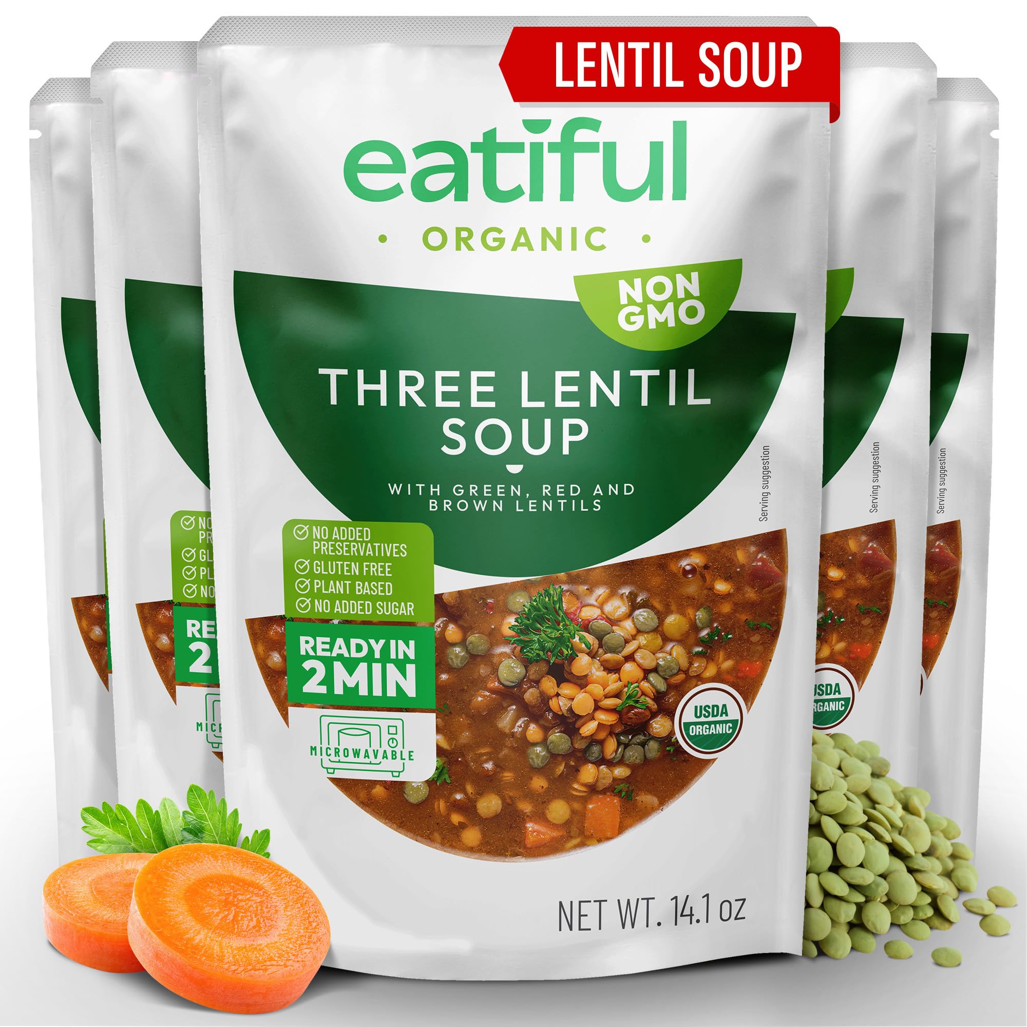 EATIFUL lentil soup packaging shows organic ingredients and ready-to-heat convenience.