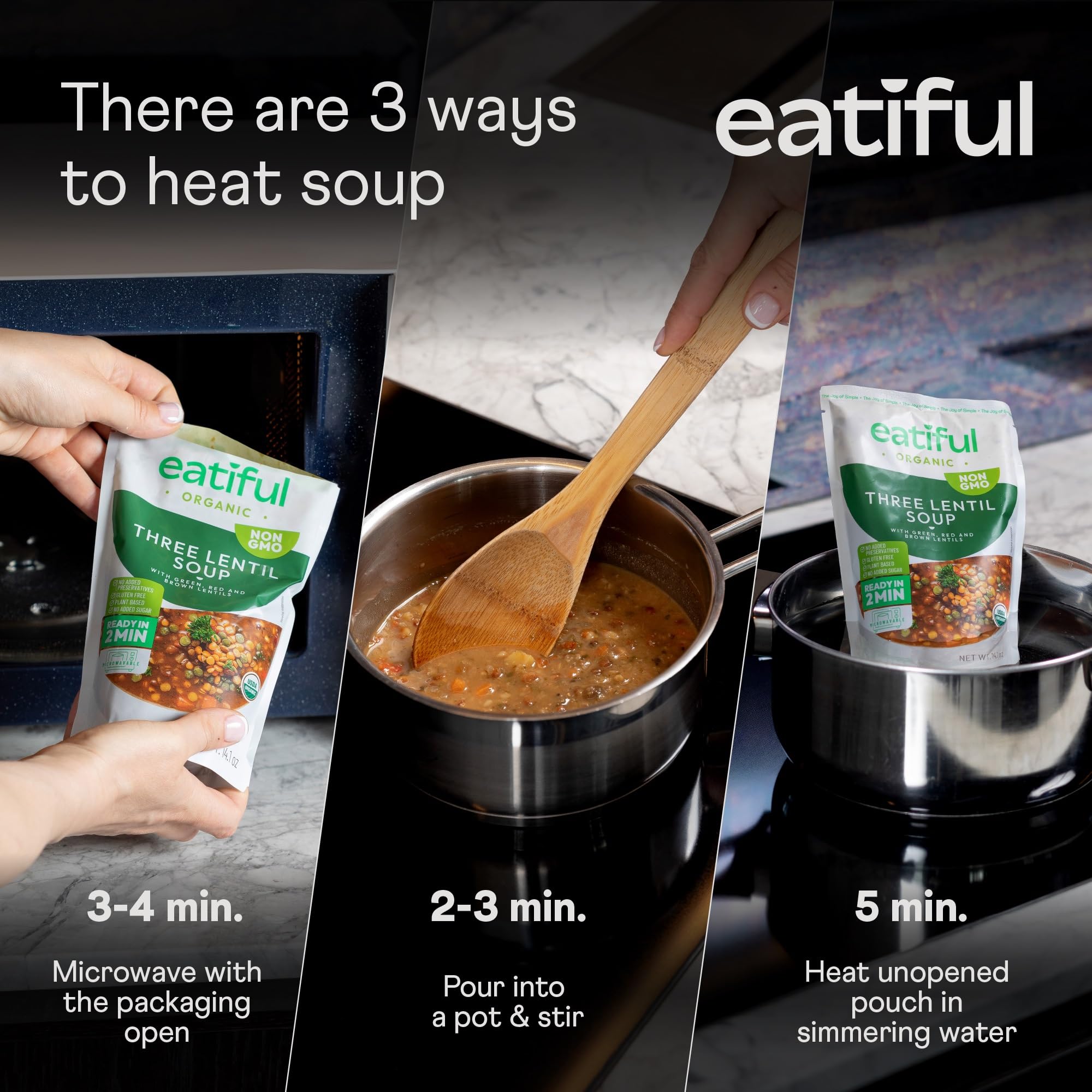 EATIFUL ready to heat lentil soup in a pouch for busy days