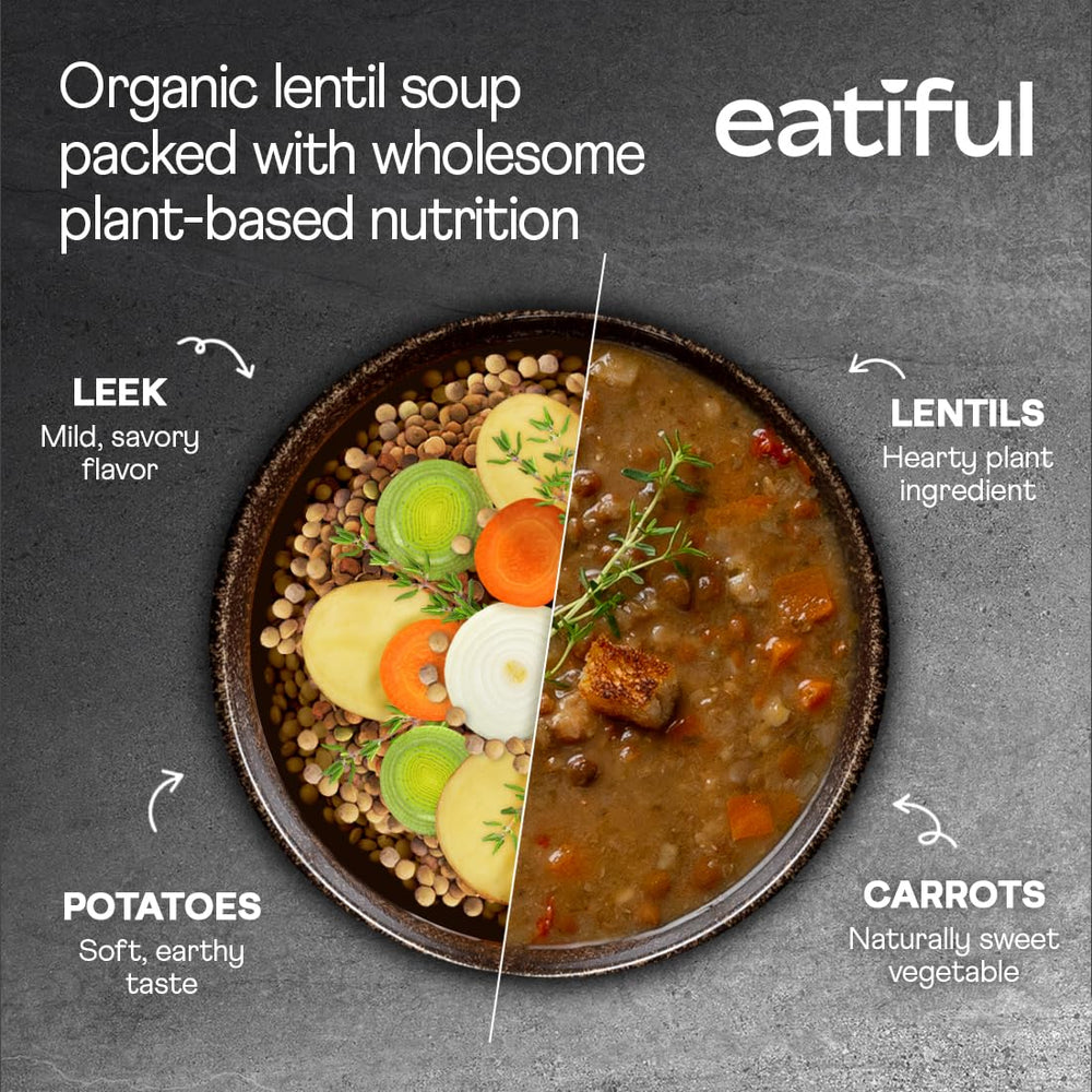 EATIFUL organic ingredients list highlights green, red, and brown lentils for protein-rich meals.
