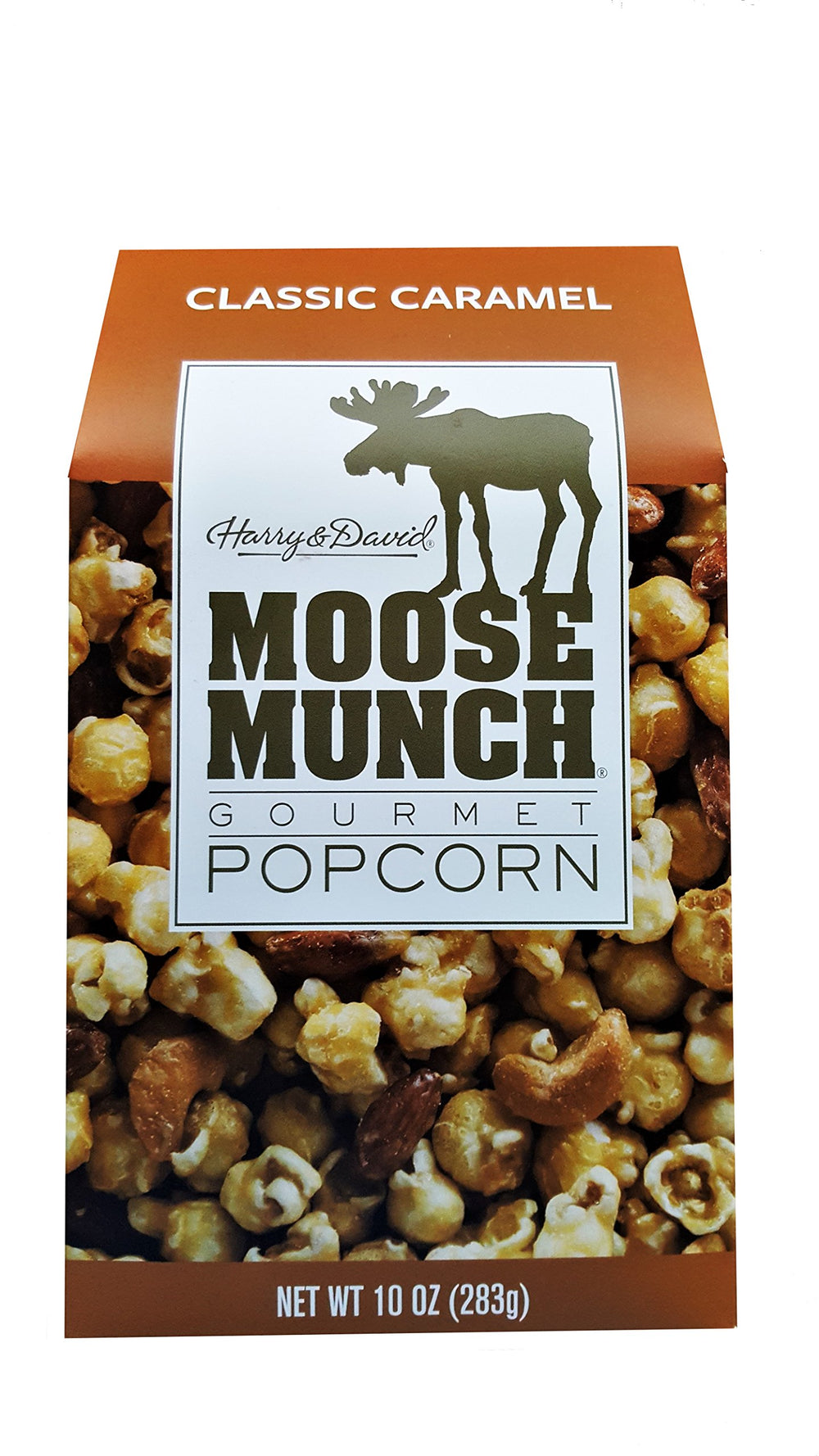 EBANEY Harry & David Moose Munch Classic Caramel 10oz package, golden popcorn gift-ready.