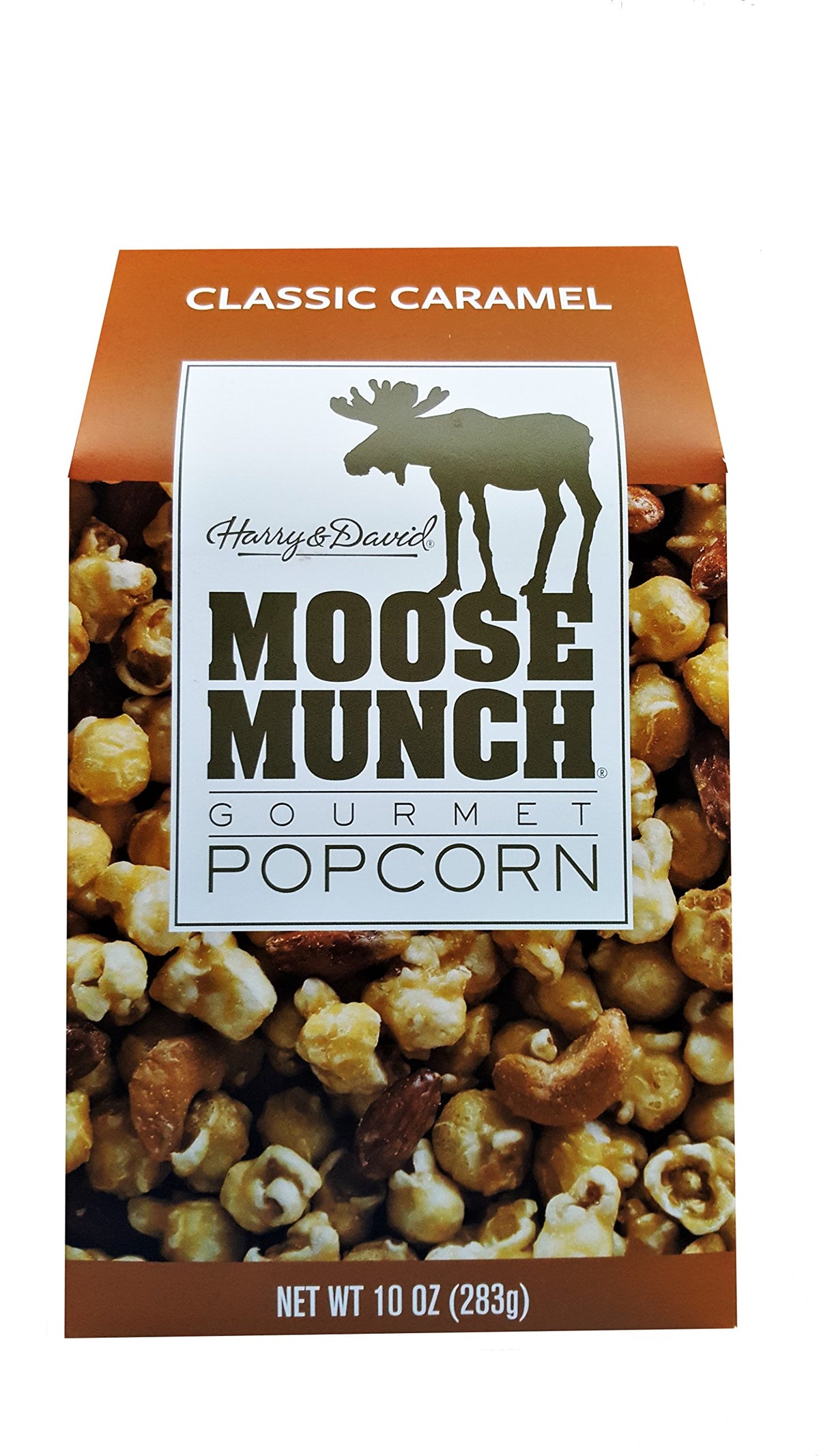 EBANEY Harry & David Moose Munch Classic Caramel 10oz package, golden popcorn gift-ready.