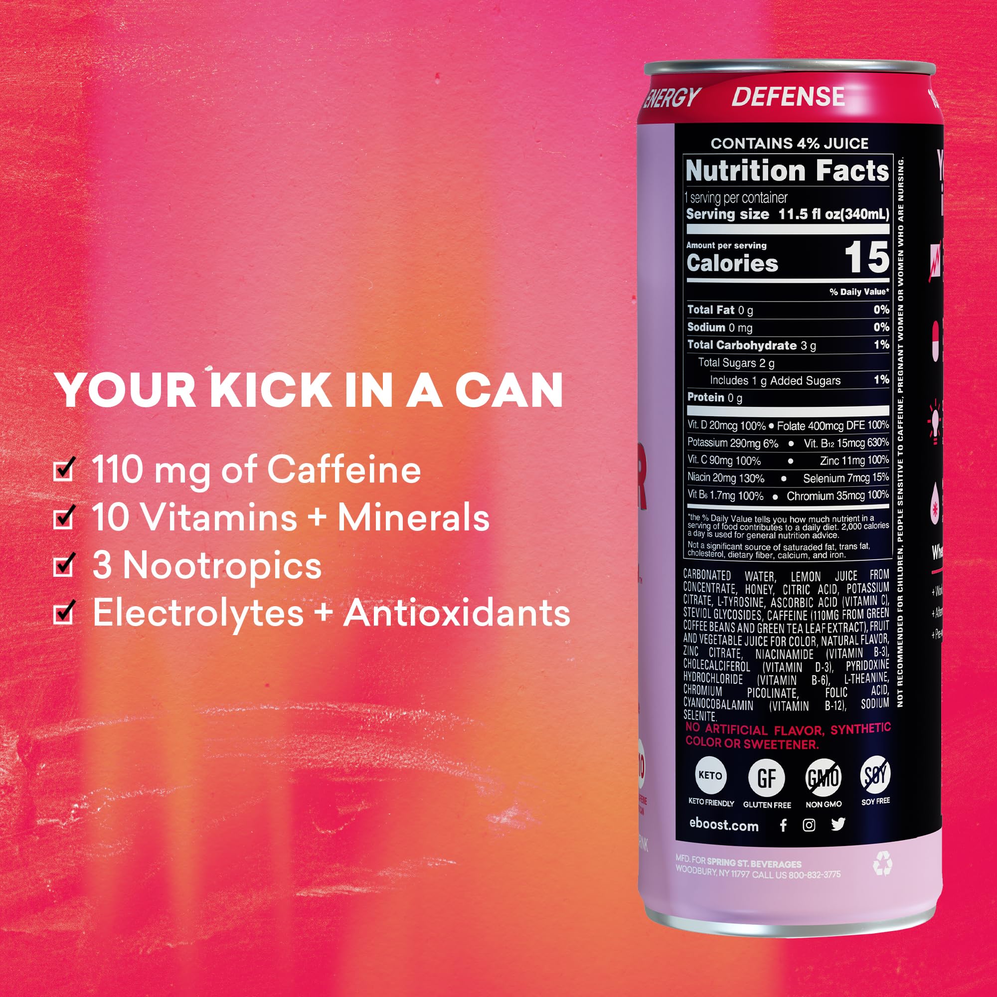 EBOOST Super Fuel ingredients panel highlighting vitamins and minerals for daily support