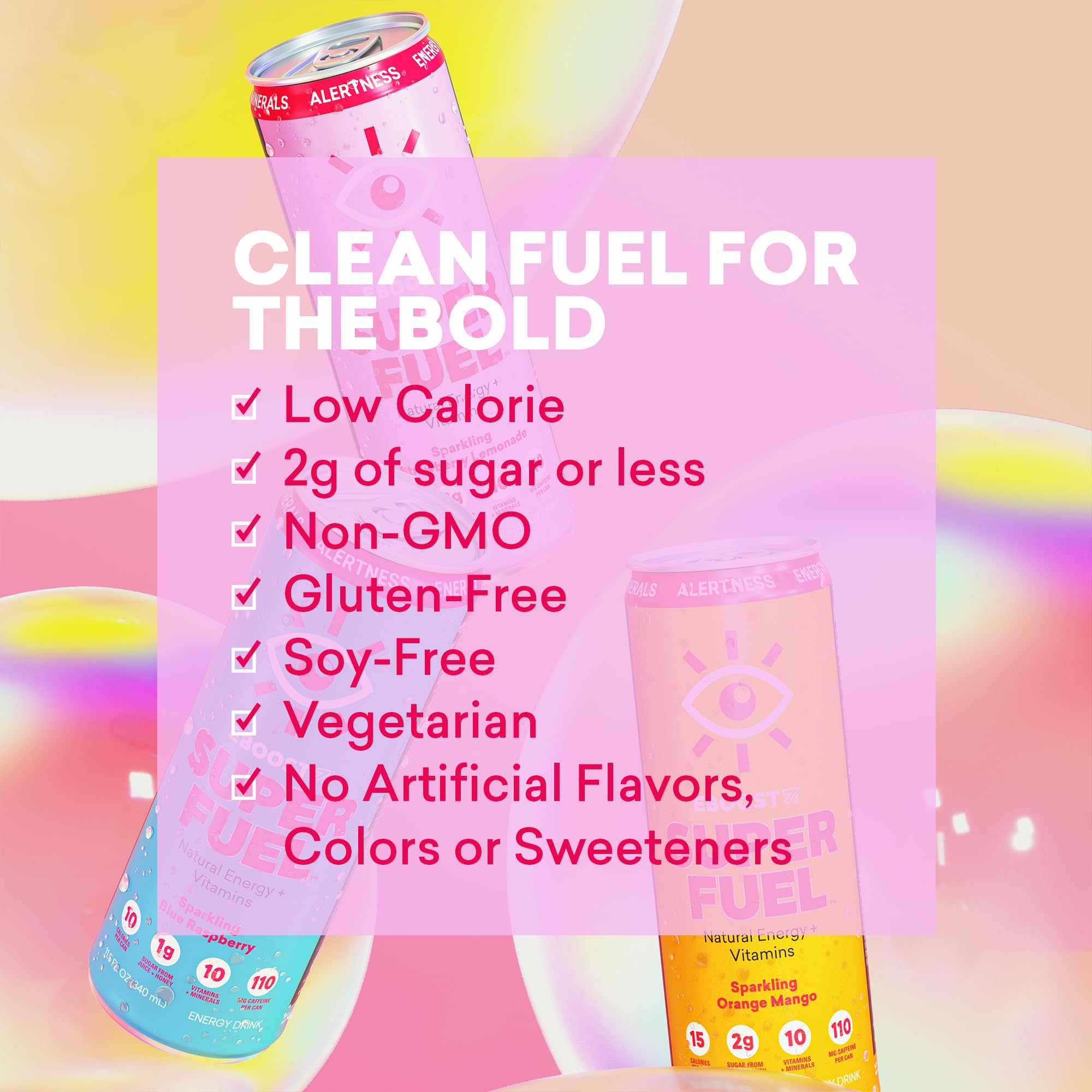 Label showing no artificial additives in EBOOST Super Fuel Strawberry Lemonade