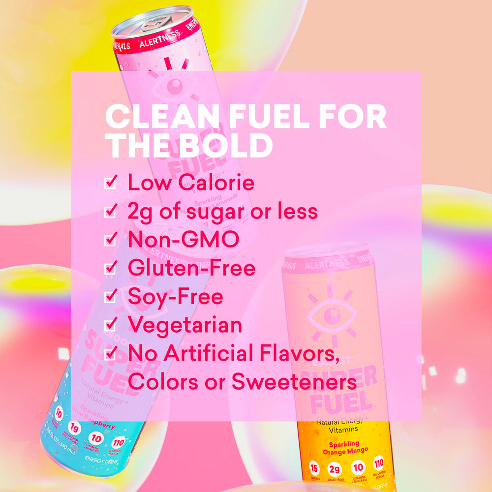 Label showing no artificial additives in EBOOST Super Fuel Strawberry Lemonade