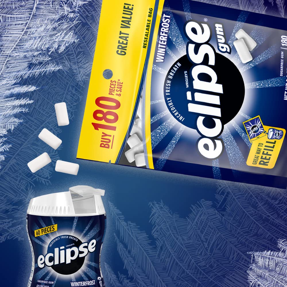 Eclipse Winterfrost gum close-up emphasizes the crisp shell and mint flavor.