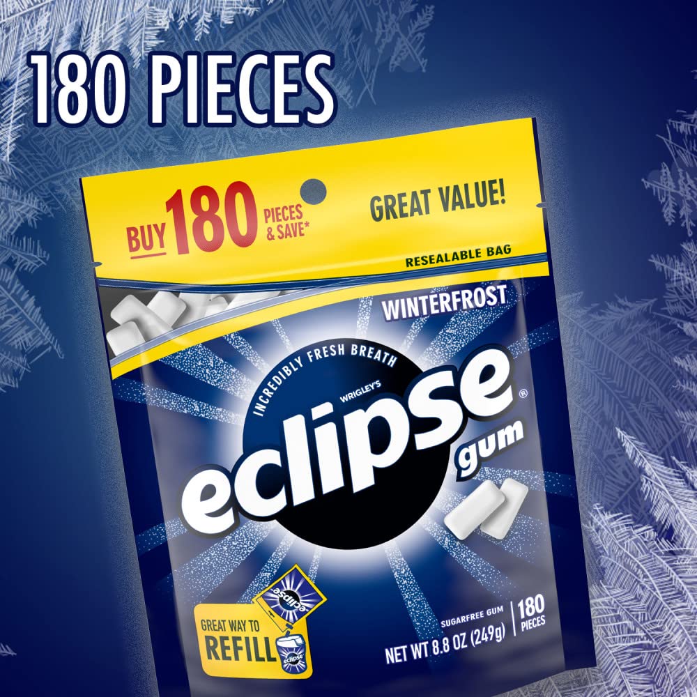 Close-up of Eclipse Winterfrost gum piece highlighting crisp mint outer shell.