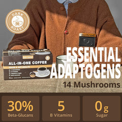Eco-Taste 14-mushroom blend close-up highlighting potential immune-support notes.
