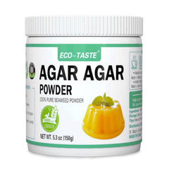 Eco-Taste Agar Powder packaging highlighting natural seaweed thickener for vegan recipes.