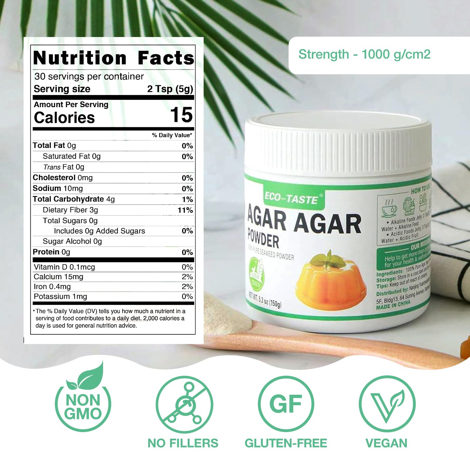 Eco-Taste Agar Powder pouring with scoop illustrates easy vegan dessert preparation.