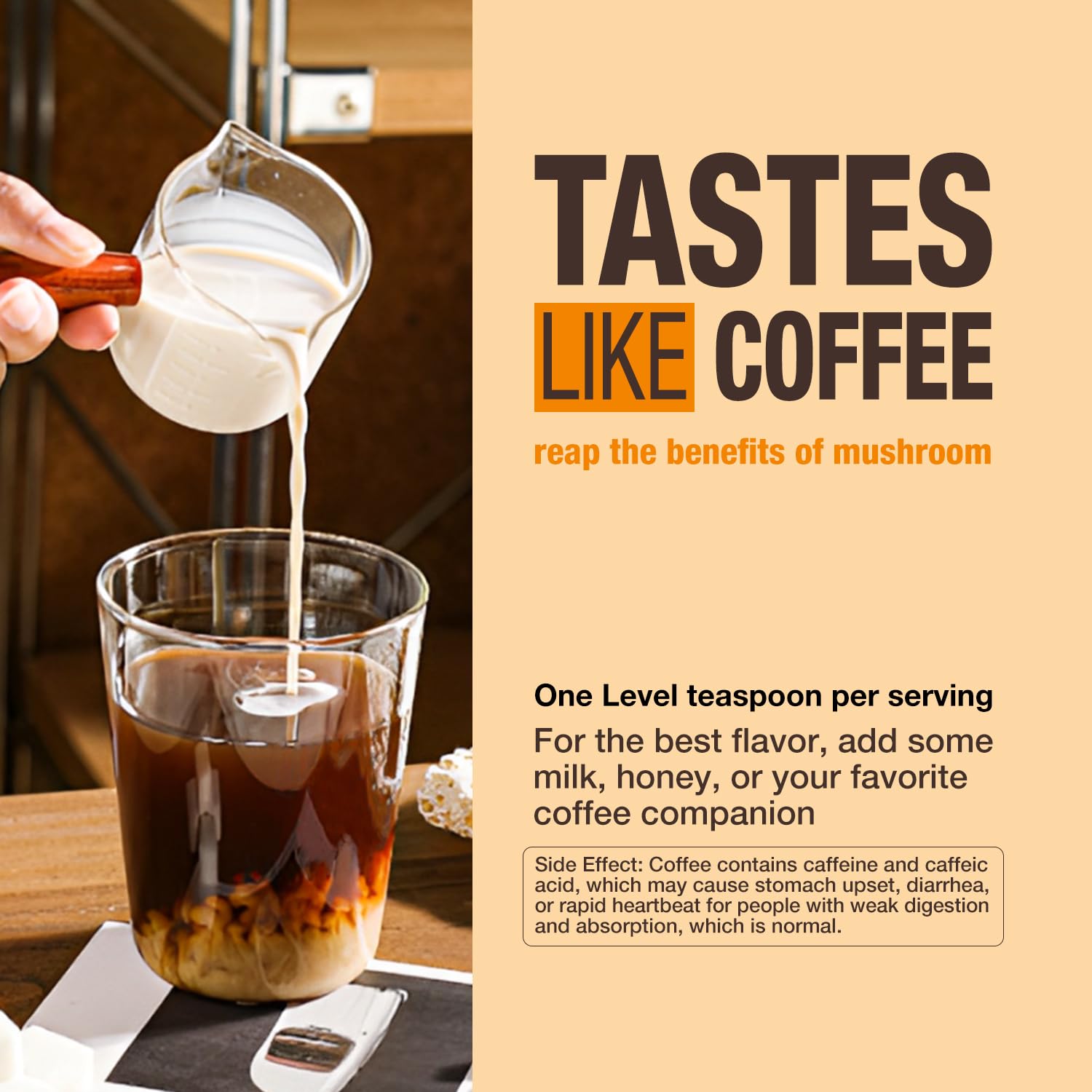 Cup of ECO-TASTE coffee dissolving instantly in hot water