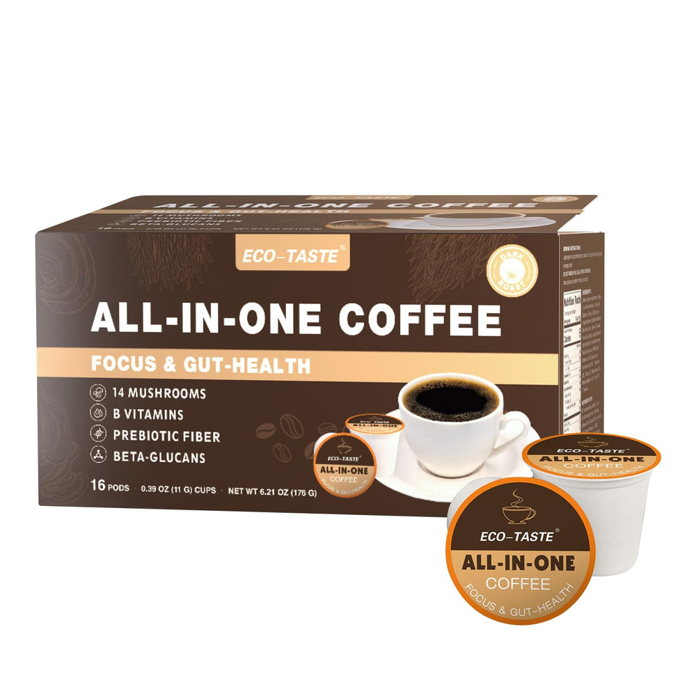 Eco-Taste mushroom coffee K Cup in dark roast for clean focus.