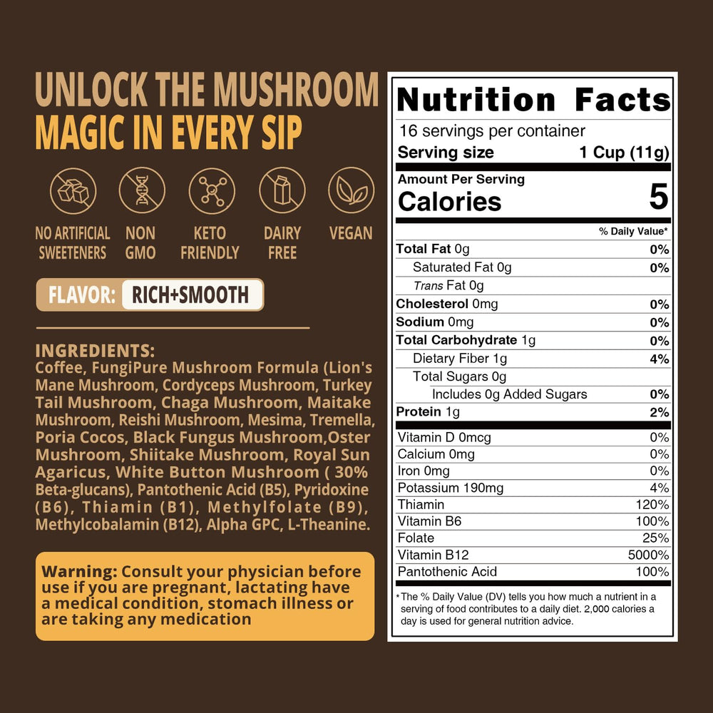 Steaming cup of Eco-Taste mushroom coffee highlights aroma and smooth focus.