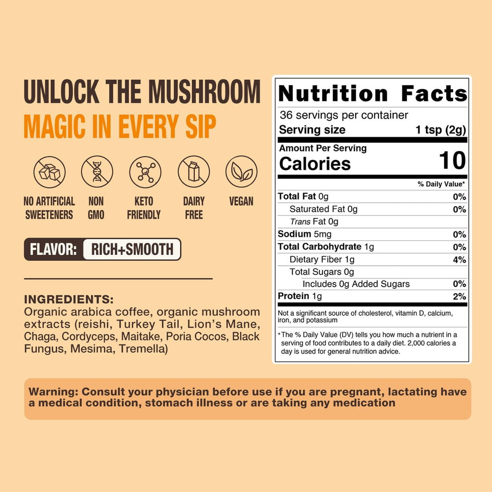 Close-up of ECO-TASTE ten mushroom extracts for daily focus and energy
