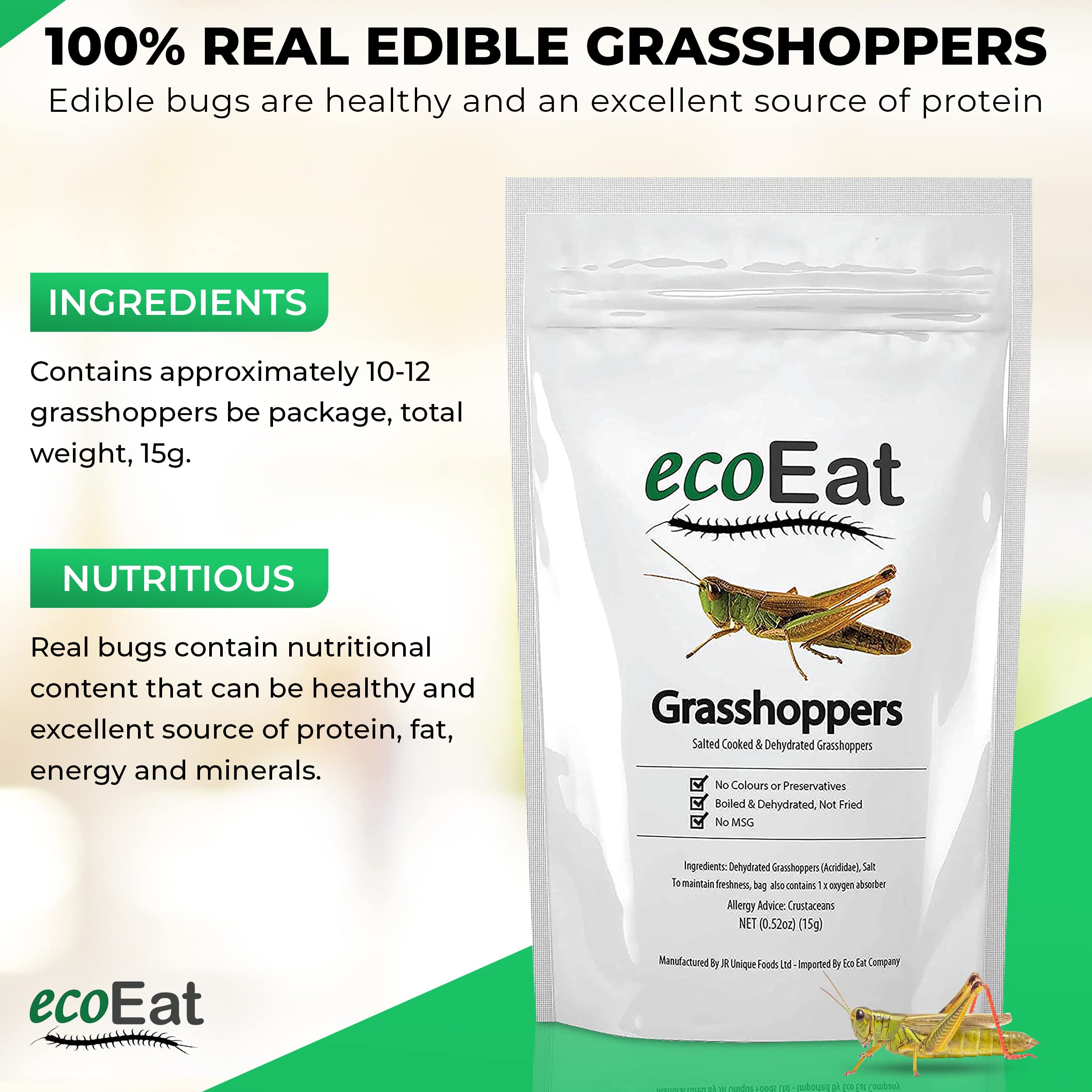 ecoEat 12 grasshoppers per 15g pack, ideal for quick snacks.