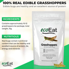 ecoEat 12 grasshoppers per 15g pack, ideal for quick snacks.