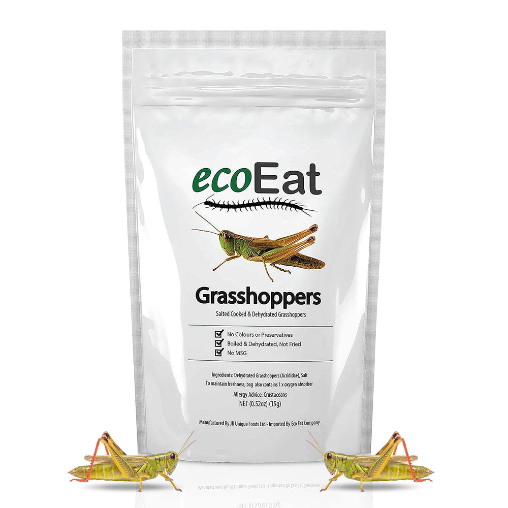 ecoEat edible grasshoppers 15g pack, front view, a protein-rich on-the-go snack.