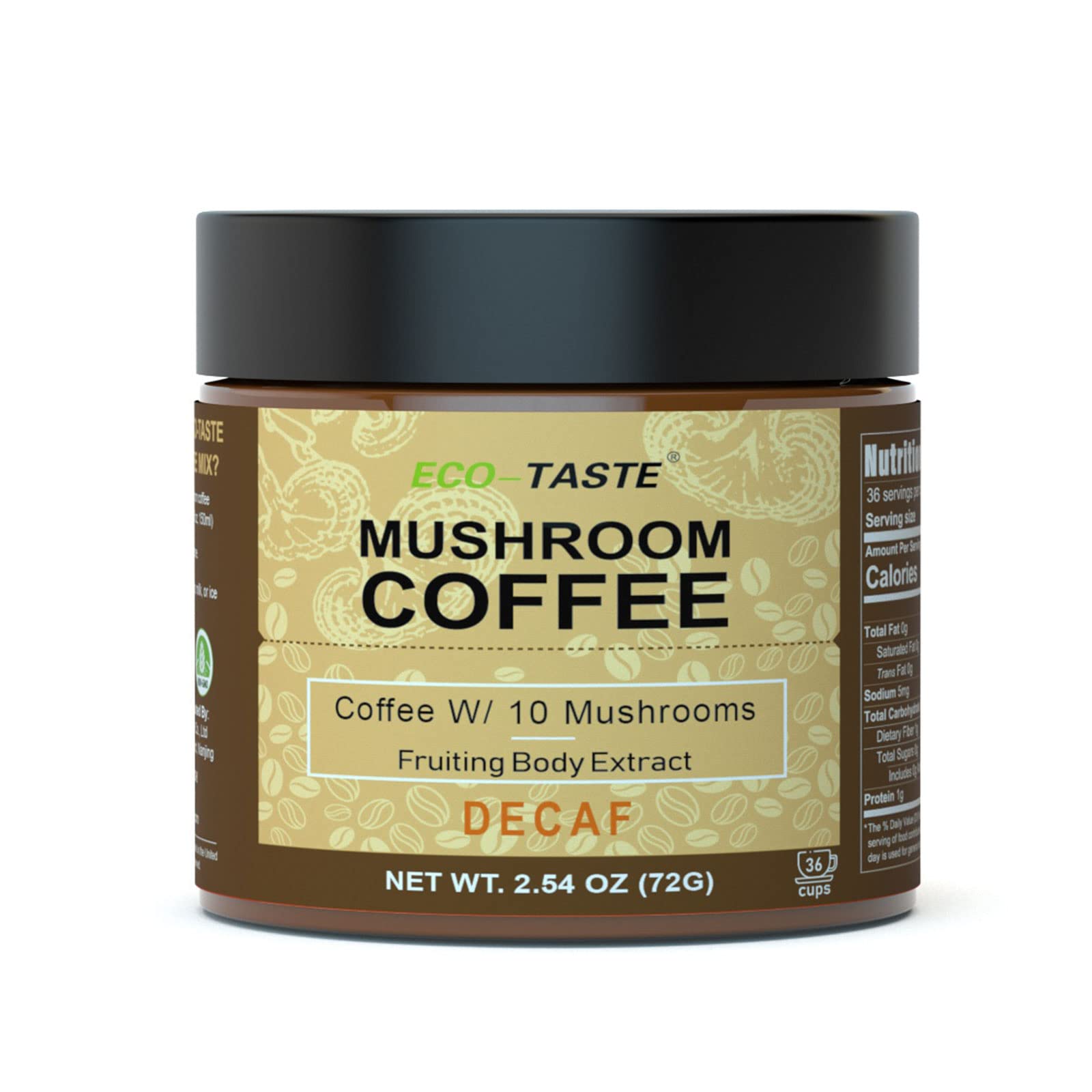 Eco-Taste Decaf Mushroom Coffee pack, 72g, ready-to-brew for smooth energy