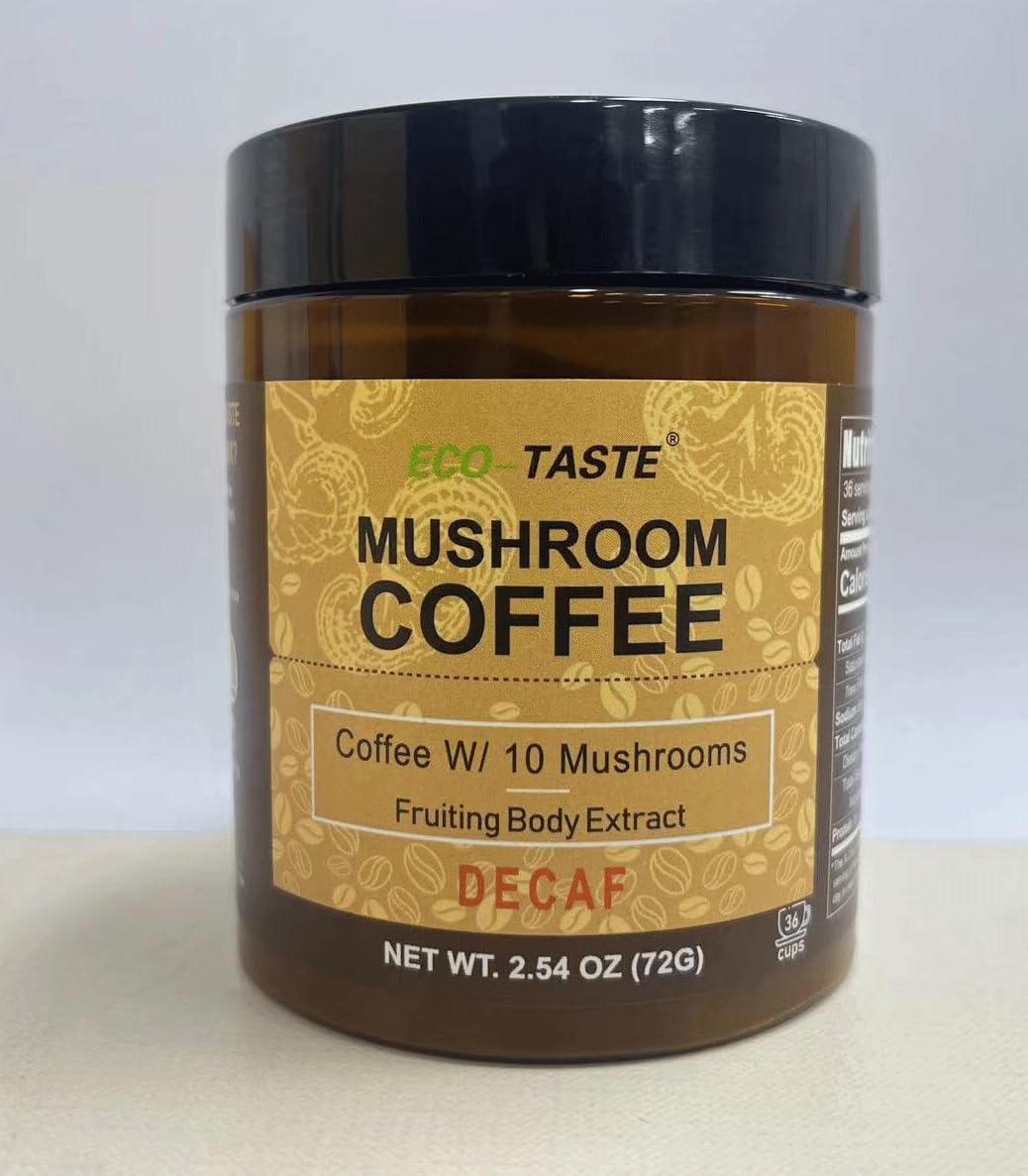 Eco-Taste decaf mushroom coffee packaging ideal for gifting or storage