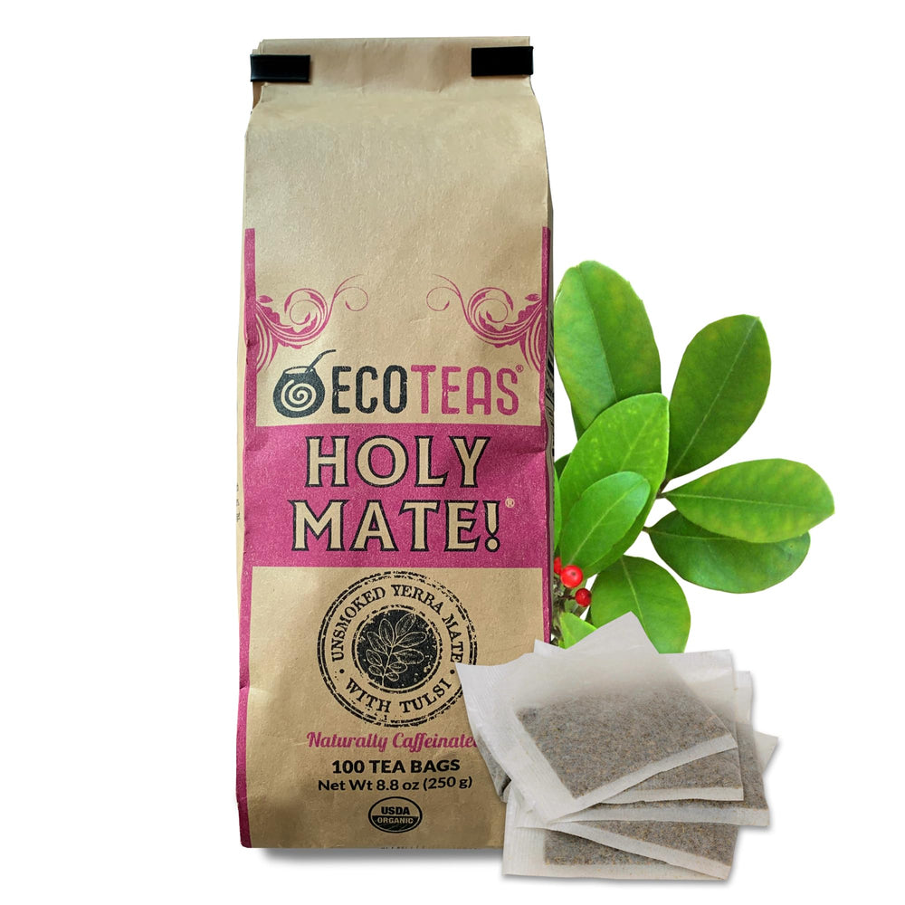 ECOTEAS Holy Mate tea bags ready to brew for a smooth energy lift.