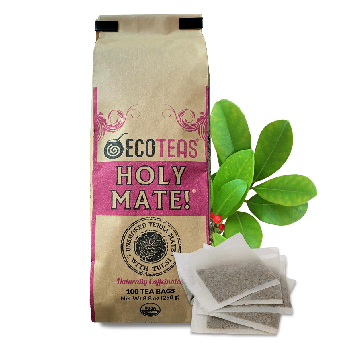 ECOTEAS Holy Mate tea bags ready to brew for a smooth energy lift.