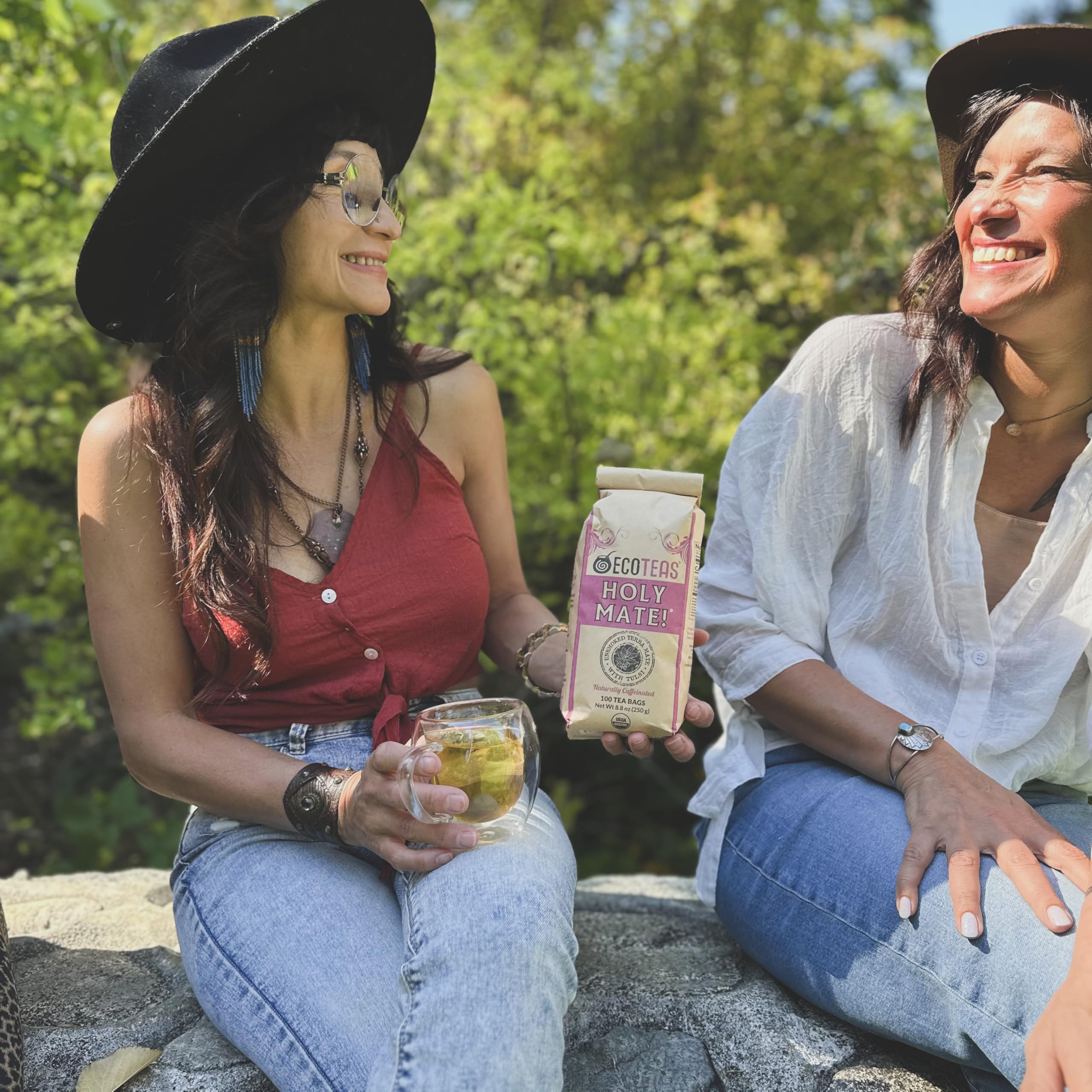 Packaging shows organic, kosher, and non-GMO certifications for ECOTEAS Holy Mate.