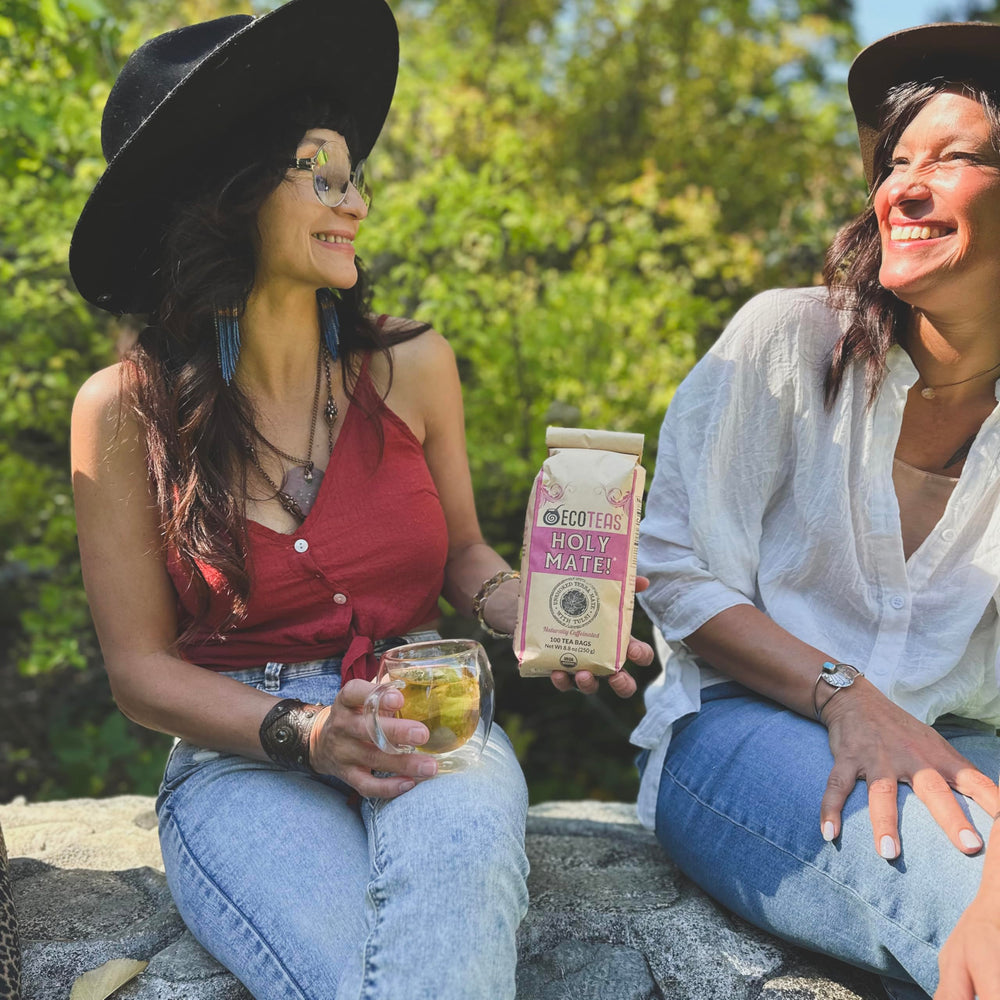 Packaging shows organic, kosher, and non-GMO certifications for ECOTEAS Holy Mate.