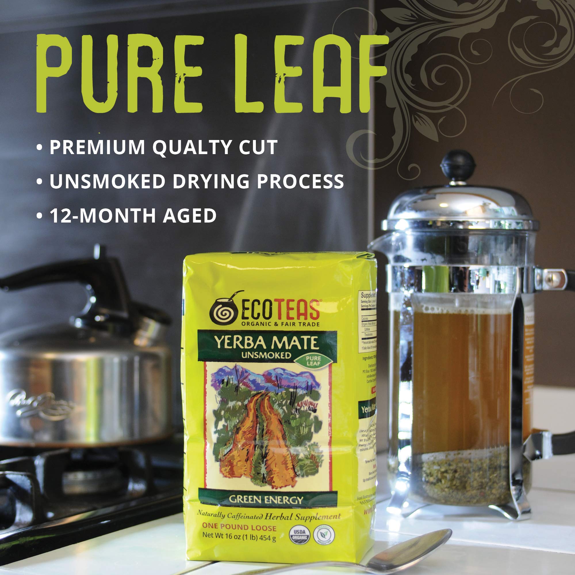 ECOTEAS Yerba Mate packaging highlights organic, kosher, and non-GMO sourcing
