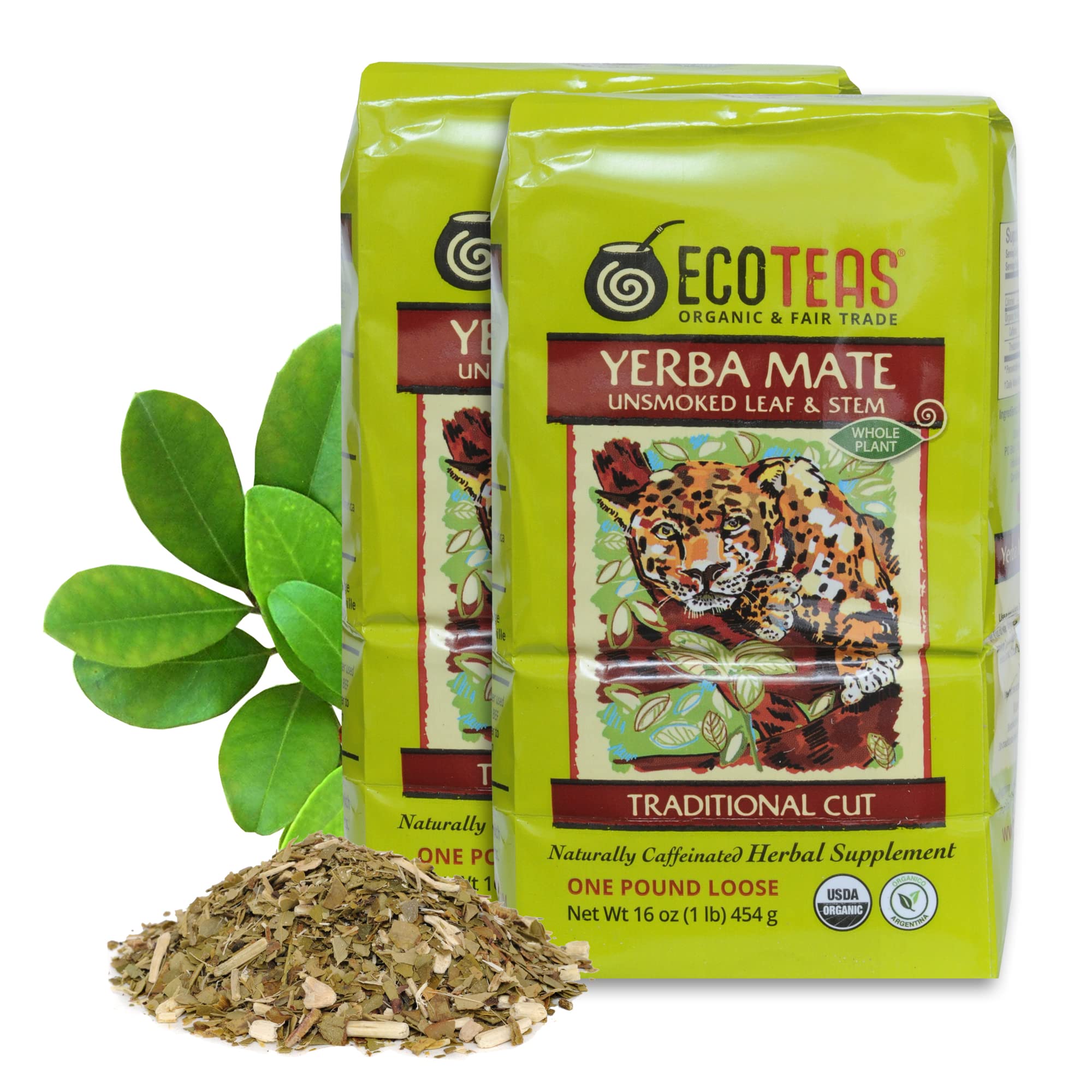 ECOTEAS Yerba Mate traditional-cut leaves, stems, and powder for a full-bodied brew.