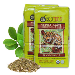 ECOTEAS Yerba Mate traditional-cut leaves, stems, and powder for a full-bodied brew.