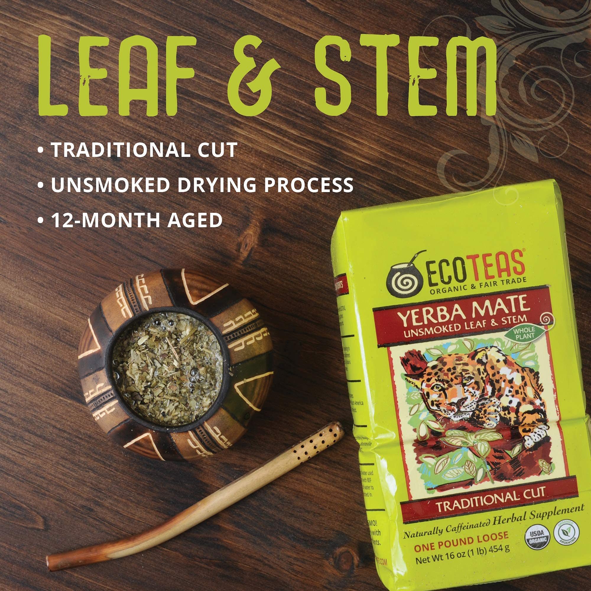 ECOTEAS Yerba Mate traditional cut blend of leaf stem and powder