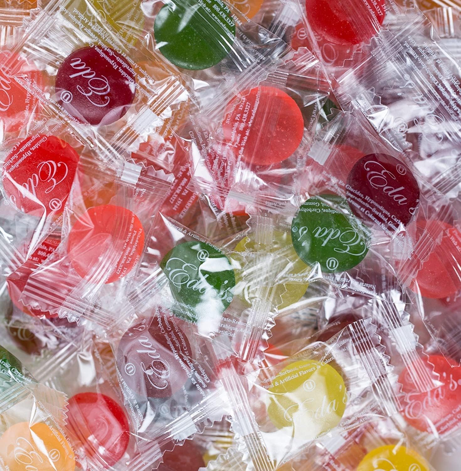 Eda's Sugarfree mixed fruit hard candies in a 5 lb bag, flavorful sugar-free snack.