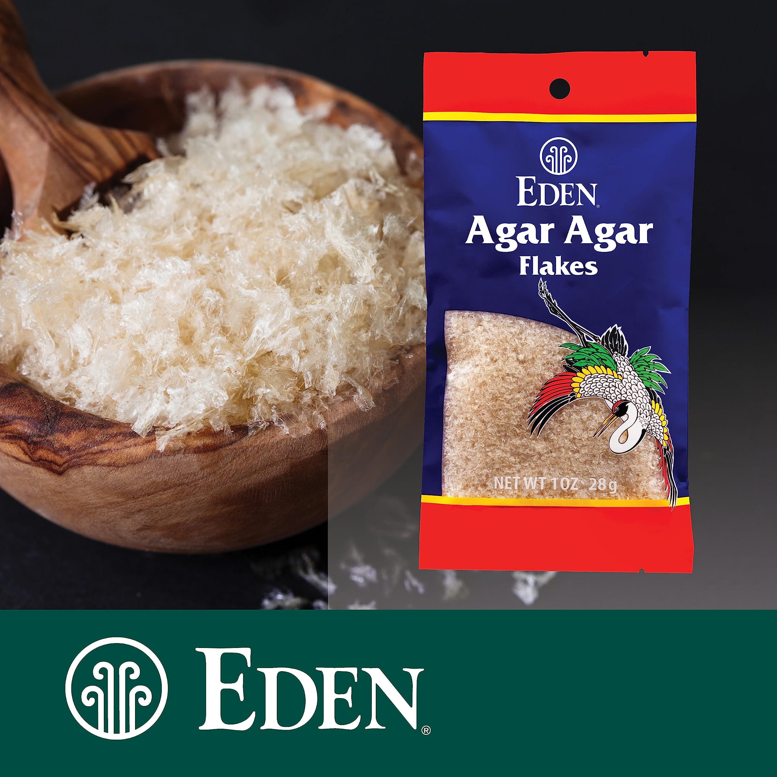 Eden agar-agar flakes form firm jelly for fruit desserts.