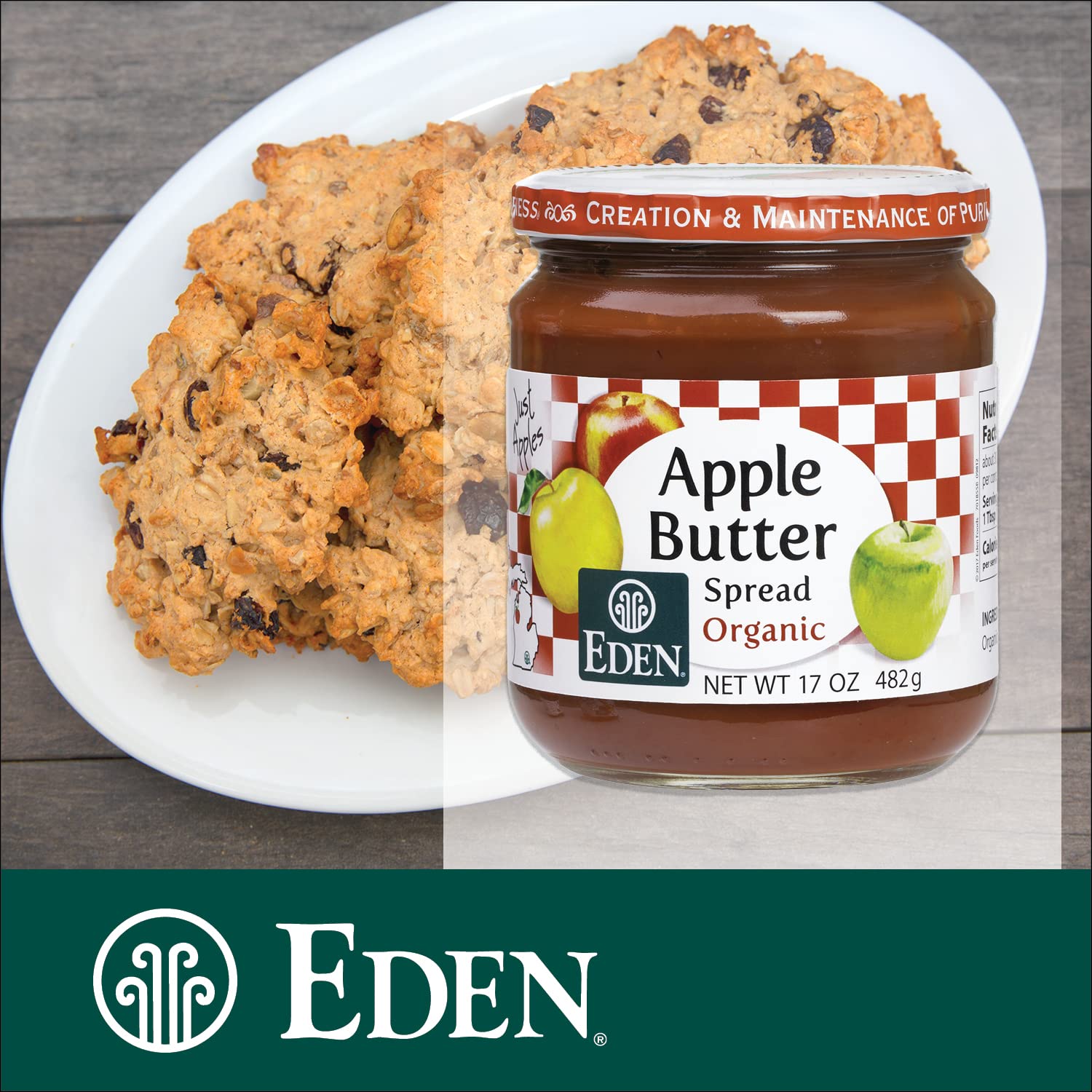 Kitchen scene shows Eden Apple Butter Spread ready to use.