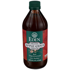 Eden Apple Cider Vinegar bottle pour demonstrates versatile kitchen uses.