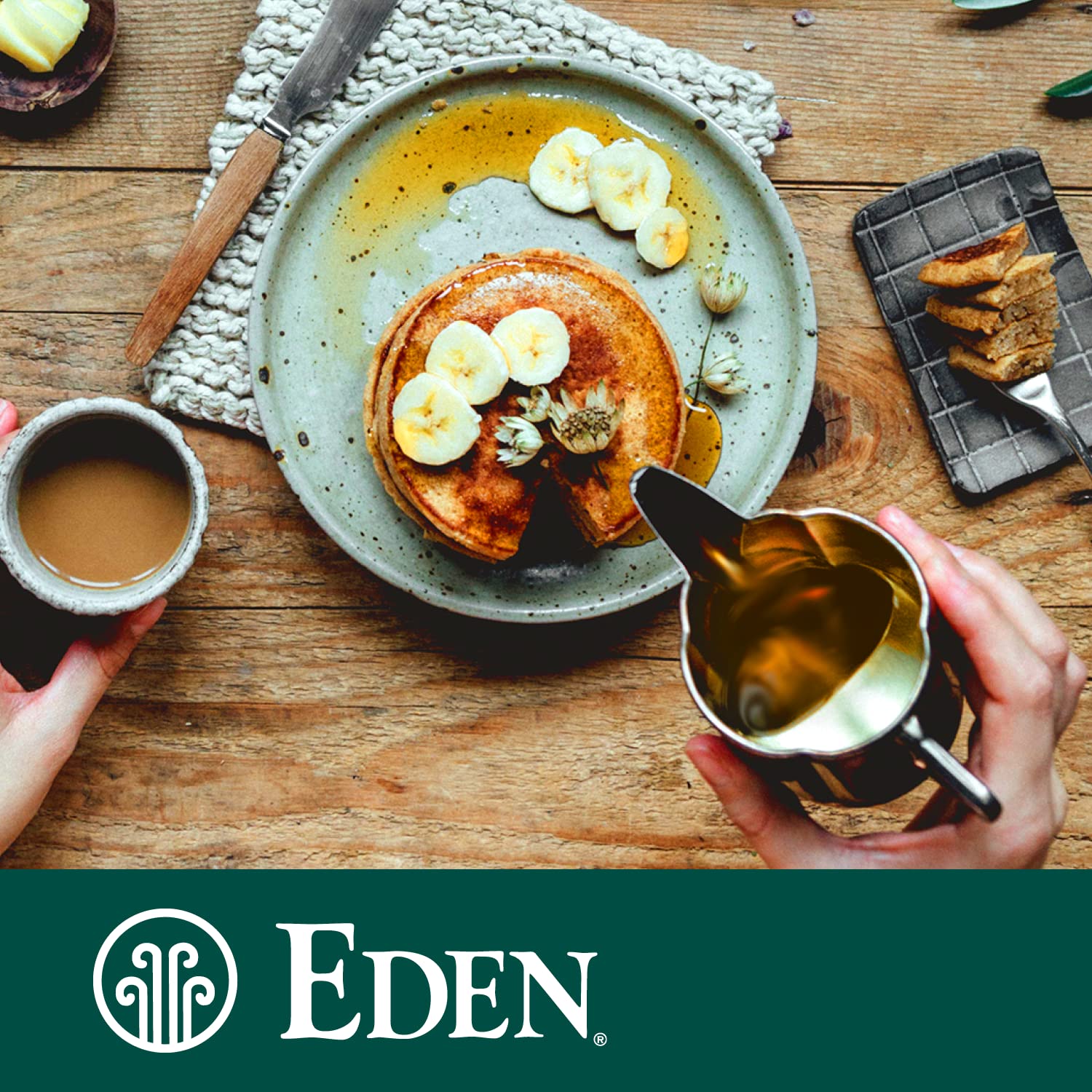 Eden barley malt syrup jar pour, smooth, molasses-like texture for versatile cooking.