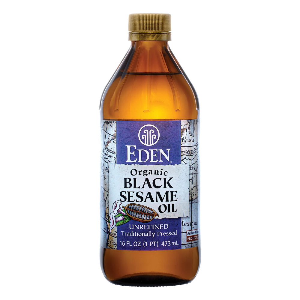 Eden Black Sesame Oil bottle with rich flavor for versatile cooking.
