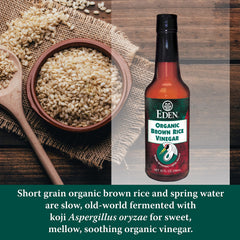Pouring Eden Organic Brown Rice Vinegar from amber glass into a bowl