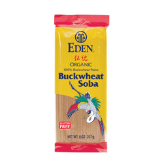 Eden buckwheat soba dry noodles on a wooden board, gluten-free and vegan.
