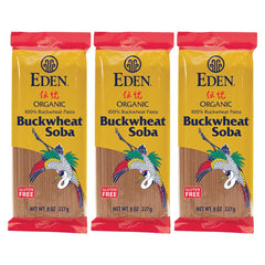 Eden buckwheat soba packaging three-pack displayed for quick meals.