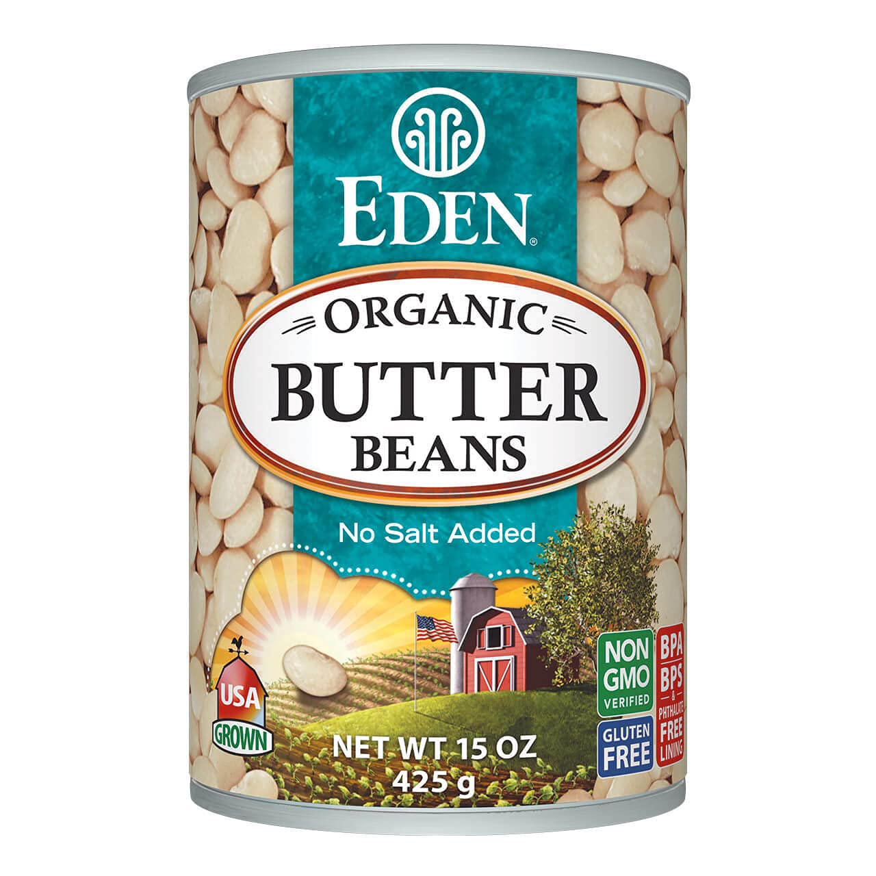 Eden Butter Beans 15 oz can label showing organic, non-GMO ingredients