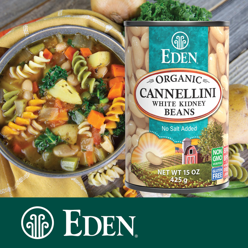 Toasted crostini topped with Eden Cannellini beans and sage.