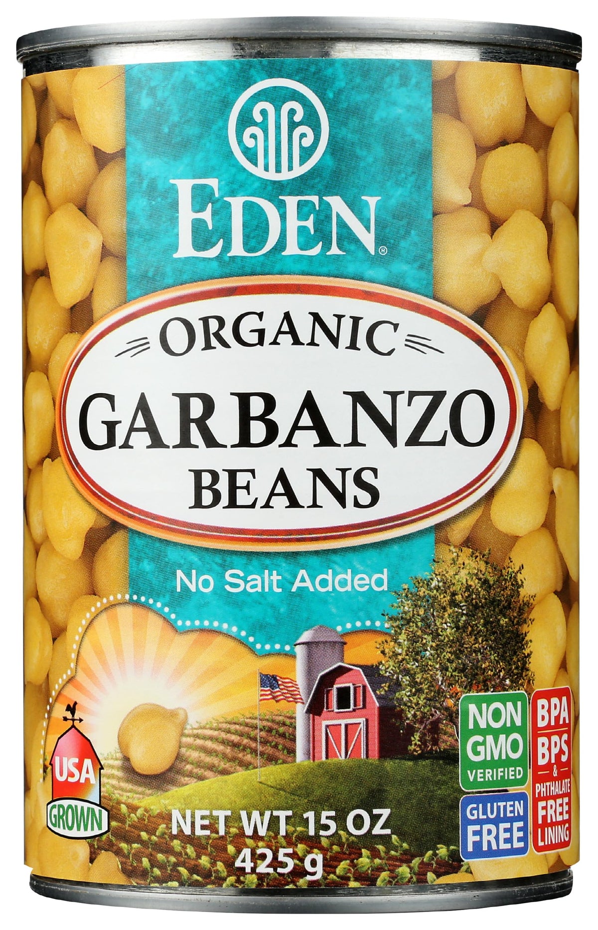 Eden garbanzo beans can open showing no-salt convenience for quick meals.