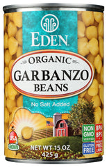 Eden garbanzo beans can open showing no-salt convenience for quick meals.