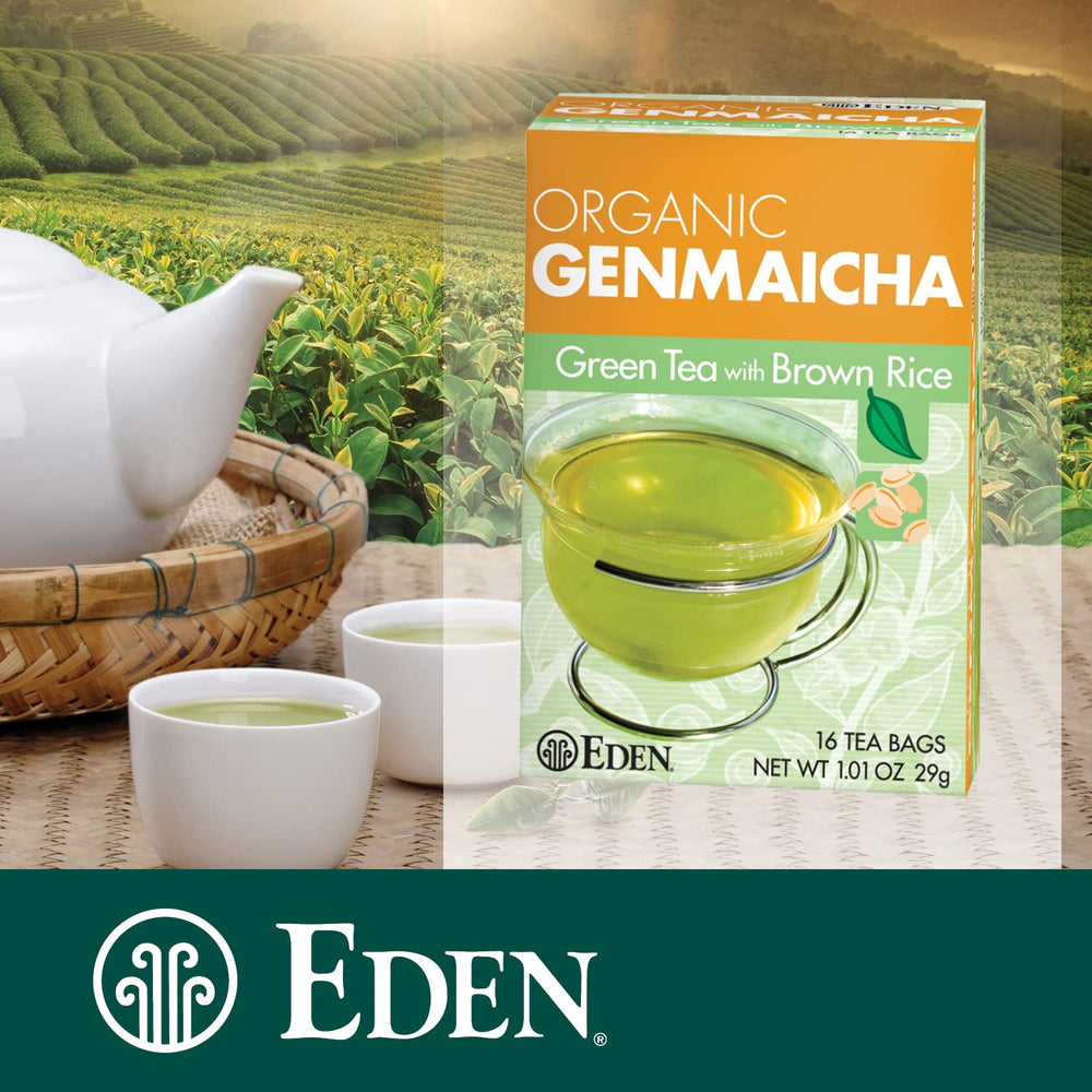 Eden Genmaicha organic label signals sustainable farming.