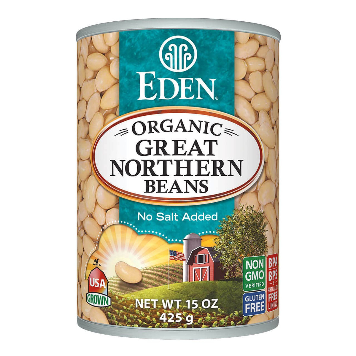 Eden Great Northern Beans can 15 oz—protein-rich plant-based staple for quick, hearty meals.